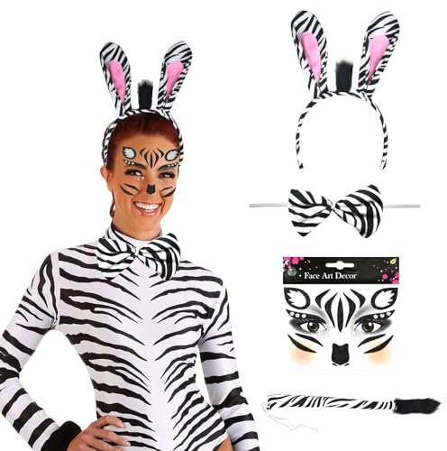 Zebra Kostüm Damen und Kinder,Zebra Ohren Haarreif Schwänze Schleifen,Zebra Gesicht Aufkleber,Haarreif Fasching,Dschungel Kostüm Damen,Tierkostüm Damen,Karneval Thema Party Kostüm Zubehör