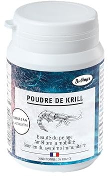 Bubimex - Poudre de Krill - Complément Alimentaire 100% Naturel pour Chiens et Chats - Riche en Oméga 3 et 6 - Astaxantine - Beauté du Pelage, Mobilité et Système Immunitaire - 60g