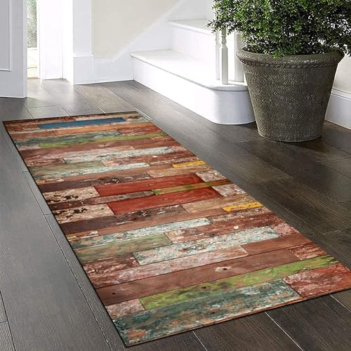 Yinghesheng Teppich Läufer 70x200cm Bunter Holzmaserung Patchwork Rutschfest Waschbar Kurzflor für Flur, Küche, Korridor