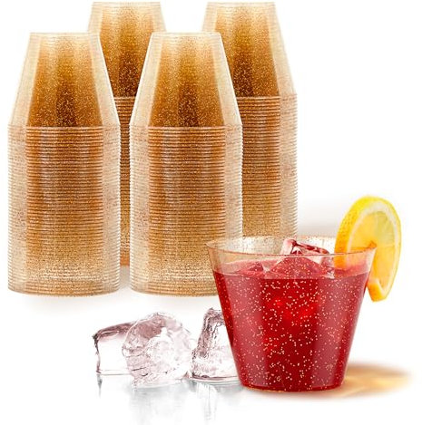 9oz Gold Glitter Plastic Cups (100 Pack), Elegant Party Cups for Birthday Parties, Weddings, and Holidays, Fancy Disposable Cocktail Glasses, Clear and Gold Cups, Bulk Wine and Mimosa Cups