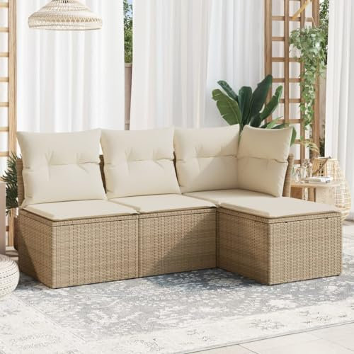 QJBSAVVA 4-TLG. Garten-Sofagarnitur, Essgruppe Balkonstühle Sitzlounge Garten Eckbankgruppe Geeignet für Wenig Platz Garten Balkon Außen mit Kissen Beige Poly Rattan