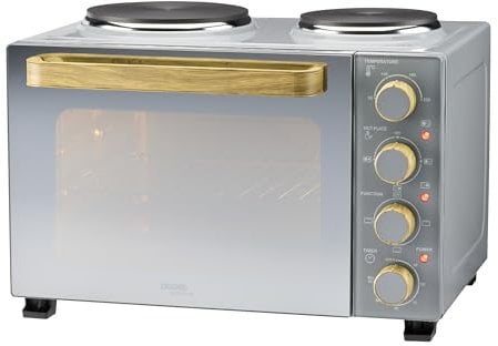 Cooks Professional Mini Oven with Hobs | Energy Efficient Electric Countertop Cooker with Two Hot Plate Hobs & Wire Rack Baking Tray | Kitchen Table Top Grill Ovens | 28L Capacity | Nordic Grey…