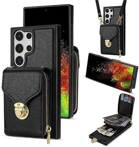 ZGFOZJGC Umhängetasche für Samsung Galaxy S24/S24 Plus/S24 Ultra, PU-Leder-Schutzhülle mit langem Schultergurt, Reißverschluss, Geldbörse, Kartenhalter, Ständer, für Damen und Mädchen, Schwarz, S24