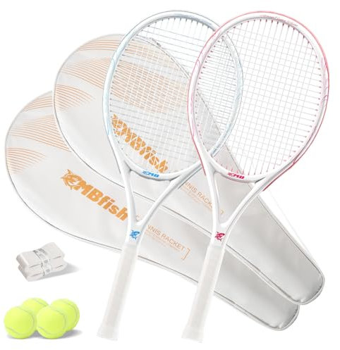 MBFISH Racchetta da tennis – Super Value Set con manico pre-incordato, confortevole, 68 cm, racchetta da tennis per adulti, include 4 palline da tennis, 2 overgrip e 1 borsa da tennis, rosa blu 2P