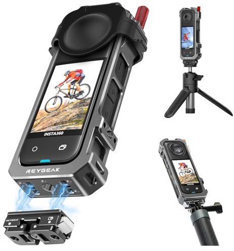 REYGEAK Para jaula Insta360 X4, marco de aluminio para Insta360 X4, soporte de base de cámara de liberación rápida con roscas de 1/4 pulgadas, funda protectora con cubierta de lente de silicona.