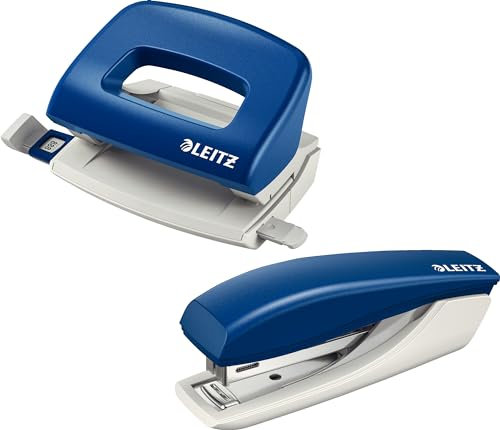 Leitz Mini Büro Locher aus Metall im Bundle mit Mini-Heftgerät, jeweils für 10 Blatt, Anschlagschiene mit Formatangaben, Ergonomisches Design, blau