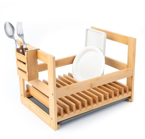 LINKLOOM Bamboo Dish Drying Rack with Utensil Holder, Stone Dish Drying Mat, Wooden Dish Drying Rack, Functional Kitchen Organizer, Dish Drainer