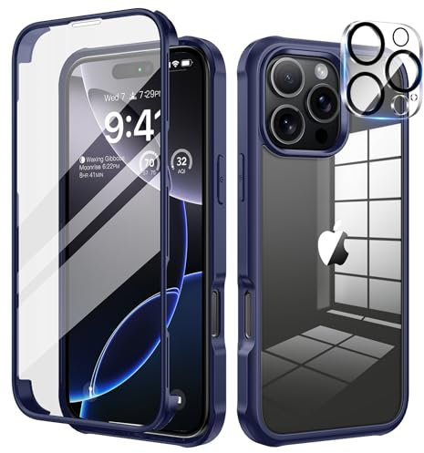 seacosmo für iPhone 16 Pro Hülle mit eingebautem Panzerglas Displayschutz und Kamera Schutzfolie [9H HD], 360 Grad Handyhülle Ganzkörper Stoßfeste iPhone 16 Pro Case - Blau