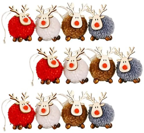12 Piezas Colgantes para árbol de Navidad, Adornos Arbol de Navidad de Madera, Renos Feliz Navidad Decoración, Colgantes de Árbol Navidad Adornos Navideños en Miniatura