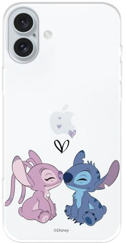 Case Compatible with iPhone 16 Plus Official Disney Angel & Stitch Kiss to Protect Your Mobile Phone, Transparent Silicone Case with Official Licence by Lilo & Stitch