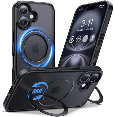 Anqrp 360° ALL-in-ONE Stand Case for iPhone 16 Case with Rotatable Magnetic KickStand Ring Holder, Compatible with MagSafe, Shockproof Translucent Matte Phone Cover for iPhone 16, Black