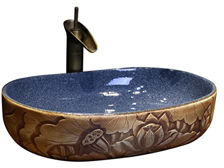 CAFIEDR Lavabo bajo encimera Lavabo de baño Lavabo de encimera con diseño artístico de Loto Lavabo de cerámica Ovalado Lavabo de tocador con Grifo Lavabo de baño