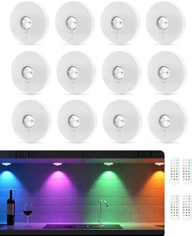WUYOR USB Aufladbar RGB LED Spots Akku mit Fernbedienung, Farbwechsel Led Unterbauleuchte, Magnetisch Dimmbar Akku Schrankbeleuchtung, Kabellos Vitrinenbeleuchtung mit Timing Funktion Weiß 12PCS