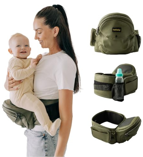 Tushbaby Babytrage Hüfttrage für Baby und Kleinkind bis 20 kg, Olive | Geprüfte Sicherheit, Baby Trage in leichtem Design ohne Schaumstoff, mit integrierten Staufächern
