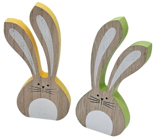 Bambelaa! Osterhase Deko Holz 2er Set Ostern Osterdeko Tisch Innen Hasen Pärchen Dekoration Osterhasen Figuren Osterdekoration Tischdeko Frühling Esstisch Osterhäschen Gelb & Grün ca. 6,5 x 1,5 x 15cm