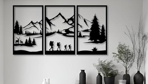 burkfeeg Set di 3 Montagne Decorazione da Parete in Metallo, Nero 43×90cm | Decorazione della Parete di Montagna e Foresta, Pittura Decorativa per la Casa, Soggiorno, Camera da Letto, Interni ed Estern