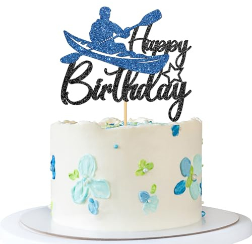 Rowing Happy Birthday Cake Topper - Sport Themed Rowing Enthusiast Cake Supplies - Boy Girl Kid Adult Birthday - Sport Rowing Party Decorations - Black Blue Glitter