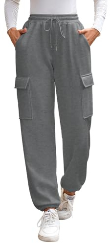 CrystErzoix Thermo Jogginghose Damen Gefütterte Warme Hose Winter Fleecehose Kuschelig Sporthose Lang Freizeithose Flauschig Sweathose mit Cargo Taschen, Dunkelgrau M