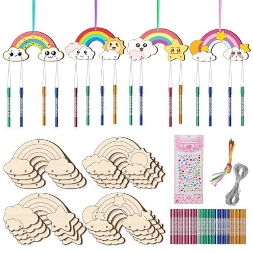 12 Stück Windspiel Bastelset Kinder, Holz Rainbow Windspiel Basteln Set, Bastelset Kindergeburtstag für Mädchen Jungen Dekoration