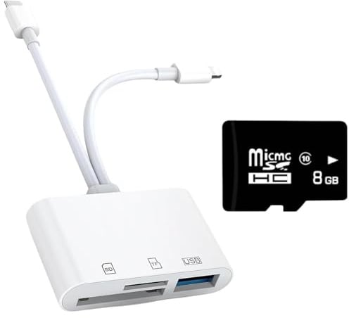 USB C & Lightning Card Reader, SD TF USB 3-in-1 Adapter, Bonus 8GB Class 10 High Speed Micro SD Card, for iPhone iPad Mac Android