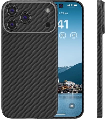 memumi Carbon Hülle für iPhone 17 Pro, 0,5 mm Superdünne, Hülle aus echter Aramidfaser [1500D Aramidfaser] mit Fallschutz in Militärqualität für iPhone 17 Pro -Schwarz
