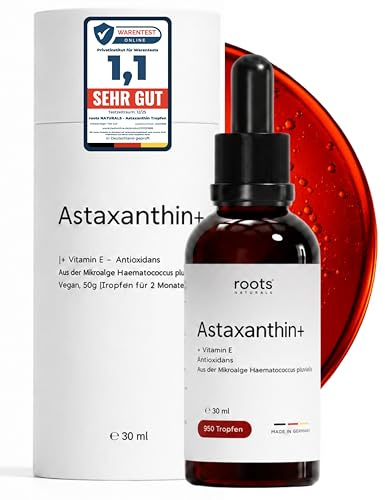 roots NATURALS Astaxanthin Tropfen, Vitamin E, Antioxidans, (30ml) | 950 Tropfen für 2 Monate, 6mg Astaxanthin, vegan