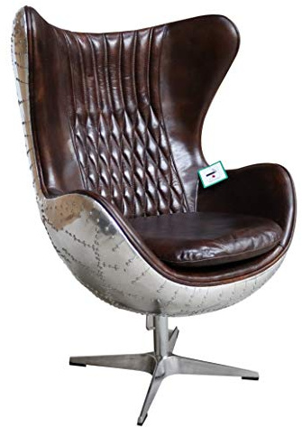 Handgefertigter Aviator-Eierstuhl, Retro-Aluminium-Design, braunes Leder, Drehstuhl für Wohnzimmer, Büro, stilvolle Vintage-Möbel