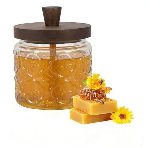 Hynorian Honigspender Glas 500 ml, Honigglas mit Honiglöffel und Holzdeckel | Honigtopf mit floralem Relief und Dichtungsring zeigt den Füllstand, dekorativ und praktisch für Frühstückstisch oder Küche