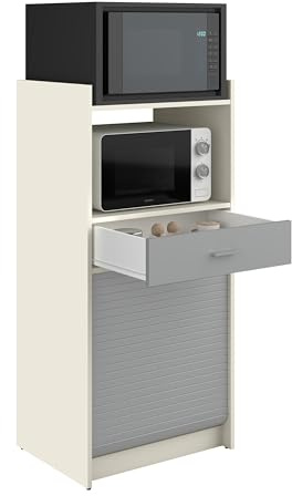 SIMMOB Meuble de Rangement de Cuisine pour Micro-Ondes et Four avec tiroir, Blanc/alu, L.60 cm x HT. 127 cm x P. 45 cm