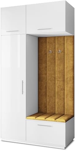 Masseno Flugarderoben Set Rema, Kleiderschrank-Set mit Sitzbank, Garderobenschrank Flur mit 5 Regalböden, Weiß