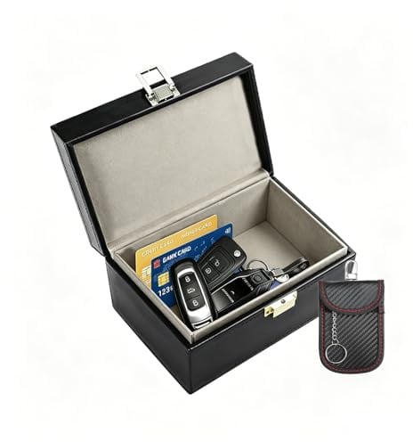 QIDESHENG Keyless Go Schutz Autoschlüssel Box -14 x 11.7 x 7 cm Faraday Box & 1 Faraday Bag RFID Blocker Autoschlüssel Schutz Keyless Premium Leder Anti-Diebstahl für Keyless Schlüssel