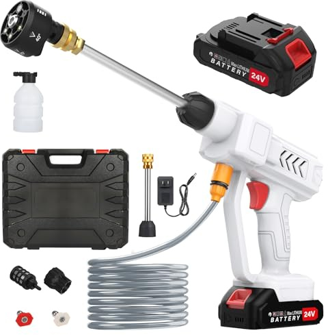 Idropulitrice a Batteria 18 Bar, Idropulitrice Portatile con Ugello Multispruzzo 6 in 1, 2 x Batterie, Tubo da 5M, Lavatrice Senza Fili per Auto, Giardino, Terrazza, Prato e Irrigazione
