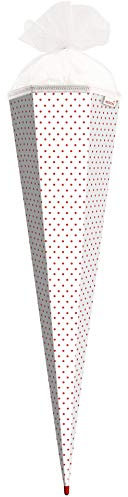 ROTH Bastel-Schultüte groß weiß - rote Punkte 85 cm - 6-eckig Rot(h)-Spitze und Tüllverschluss Weiss