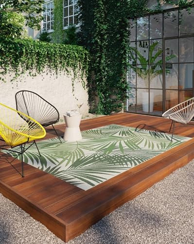 Modern Style Rugs Allbee Tropical Leaves Foliage Green Flatweave Indoor Outdoor Area Rug. Suitable for Patio, Garden, Living Room, Bedroom, Conservatory Medium Sized Outdoor Rug - 120x170cm
