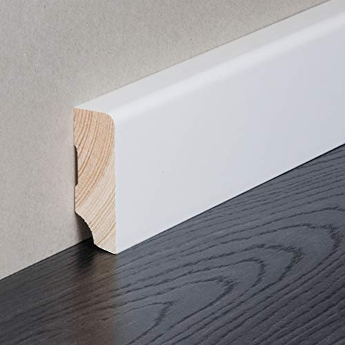 HORI® Sockelleiste weiß RAL 9010 I Massivholz I Berlin Profil I Lackiert für Parkett, Laminat und Teppich Modern I lackiert RAL9016 I Massiv I Höhe: 58 mm