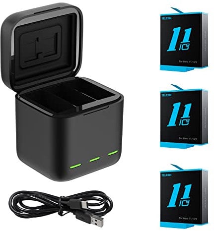 TELESIN Dreifach-Ladegerät und Akku-Speicherbox mit 3 Kanälen Ladegerät mit 2 wiederaufladbaren Lithium-Ionen-Akkus für Gopro Hero 10/9 Black (Ladegerät + 3 Akkus)…