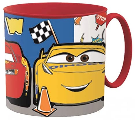 Kids Character Cute Mini Mug 265ML Drinking Re-Usable Plastic Cup Microwave Safe (Cars Lets Race)
