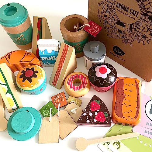 bee SMART Holz Lebensmittel Café Spielzeuggeschäft für Kinder | Zubehör für Spielzeuggeschäfte & Küchenspielsets | Ink. Kuchen, Gebäck, Heißgetränke, Sandwiches | Jungen & Mädchen Geburtstagsgeschenke