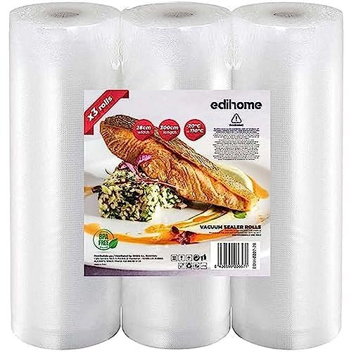 Edihome, Bolsas Vacio Alimentos, 28x300cm, 3 Rollos, Bolsas para Envasadora al Vacio, Conservación, Rollos Envasado al Vacio, BPA Free, Sous Vide (3 Rollos 28x300cm)