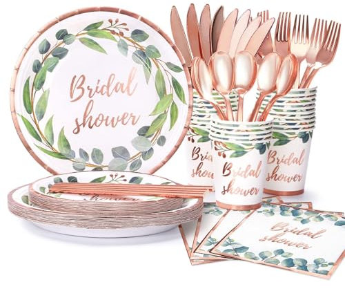 168Pcs Green and Rose Gold Party Decoration, Bridal Shower Plates and Napkins Sets, Bridal Shower Plates Party Supplies, Rose Gold Plates for Wedding Festivities, Serves 24