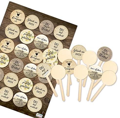 Logbuch-Verlag 12 kleine Muffinstecker aus Holz + 24 Motivationsaufkleber natur - Kuchen Muffin Deko Bastelzubehör Küche