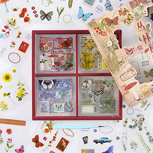 100 Blatt (510 Stück) Vintage Scrapbook Aufkleber,Dschungel PET Transparente Dekorative Aufkleber,Vintage-Ästhetik-Scrapbooking-Zubehör-Kit,Pflanzen-Schmetterlings-Blumen-Pilz-Insekten-Aufkleber