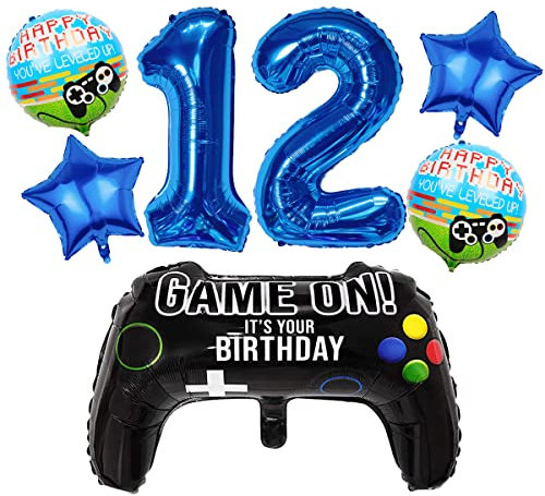 Liitata Videospiel 12. Geburtstag Deko Jungen Gamer Geburtstag Party Deko Zahl 12 Folienballon Blau Großes Gamecontroller Luftballon Stern Ballon für Kinder Junge Geburtstag Motto Party Deko