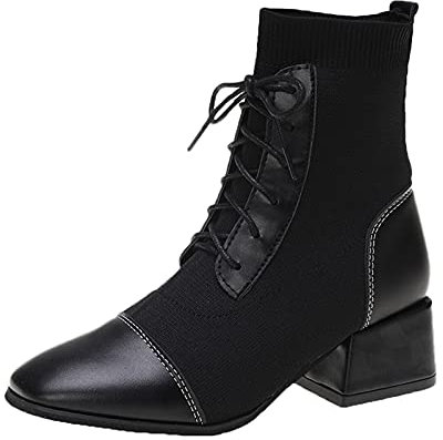 NOAGENJT Anfibi Perle Stivali elastici Scarpe stile Tubo Tacco di pizzo Stivali a punta con tacco medio britannico Calza Stivali da donna corti da donna spessi Stivali Pelle 42