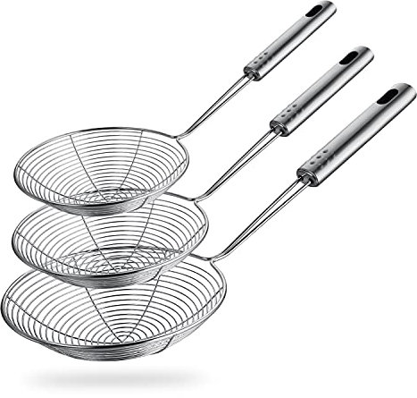 HSpiow Spinnen-Sieb Schaumlöffel, 3 Größen Bratlöffel Edelstahl Fritteuse Schaufel Drahtsieb Schöpfkelle mit langem Griff für Küche Braten Kochen Lebensmittel Nudeln