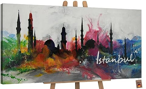 YS-Art Abstrakt Design Acryl Gemälde auf Leinwand Istanbul handgemalt Wandbilder Wohnzimmer modern Wohndekor Bilder Büro farbenfrohe echte Kunst 160x80 cm