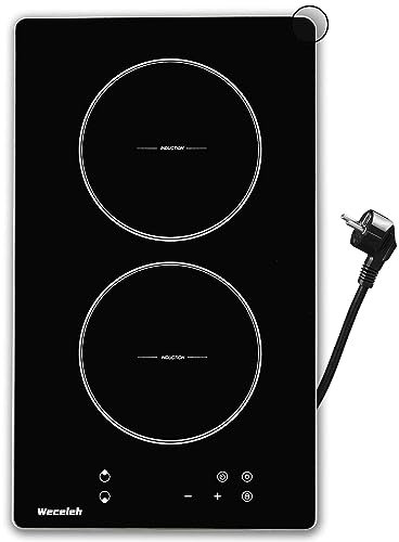 Weceleh Induktionskochfeld mit 2 Platten, 28cm Doppelkochplatte Kochfeld Induktion mit Aluminiumrahmen, 9-Leistungspegel, Touch-Steuerung, 99 Min Timer, 3500W, Kindersicherung, Schwarz (Stecker)