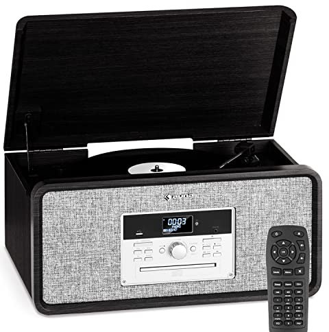 Auna Platine Vinyle Bluetooth avec CD, MP3 & USB, Haut Parleur, Radio DAB+/FM, Tourne Disque 33 Tours, Chaine HiFi, Télécommande et Pieds