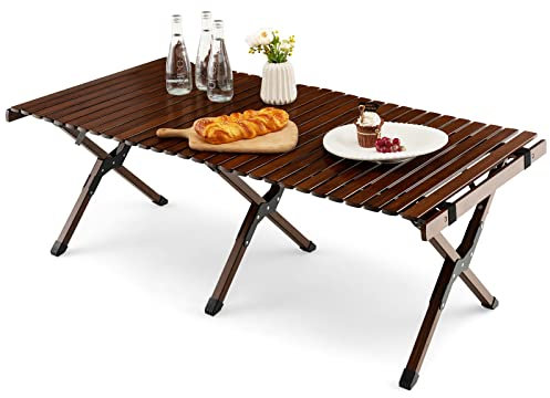 GOPLUS Klappbarer Campingtisch aus Holz, tragbarer Picknicktisch mit Tragetasche, aufrollbare Bambustischplatte, Klapptisch für Hof Terrasse Garten Strand, einfache Montage (Braun)