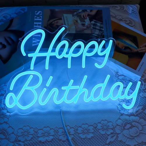 Happy Birthday Neonschild Hintergrund Wanddekoration für Heimdekoration Bar Café Jahrestag Party mit dimmbarem Schalter Neonschilder für alle Geburtstagsfeiern 42x26CM(Eisblau)